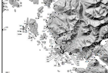 A concentration of Tlingit-named sites in Sheet’ká, Sitka Sound, Alaska. The densest cluster lies in front of the modern town of Sitka on Shee (Baranof Island). (From Haa Léelk'w Hás Aaní Saax'ú: Our Grandparents' Names on the Land, T.F. Thornton, ed. 2012)